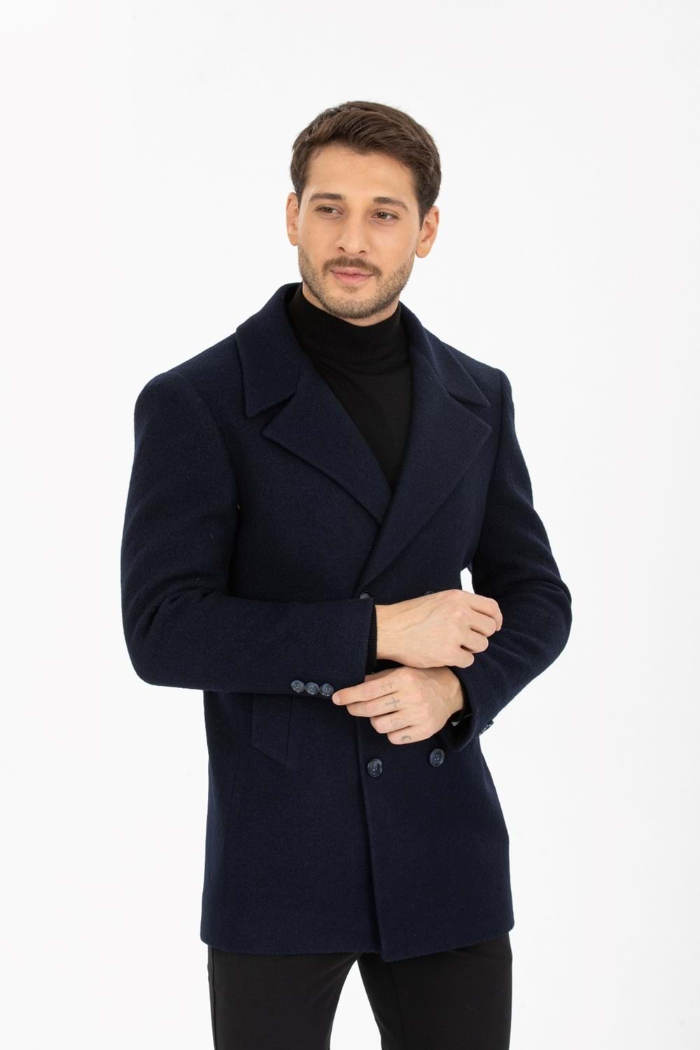 Vito Andolini Lacivert Kaşmir Slim Fit Kruvaze Erkek Kısa Palto