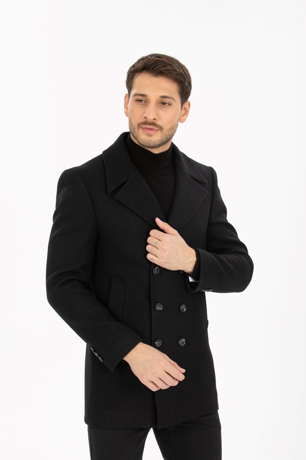 Vito Andolini Siyah Desenli Kaşmir Slim Fit Kruvaze Erkek Kısa Palto