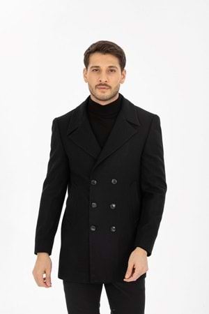Vito Andolini Siyah Desenli Kaşmir Slim Fit Kruvaze Erkek Kısa Palto