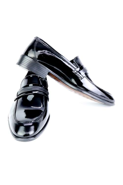 Fecri Hüner Hakiki Deri Bağcıksız Siyah Rugan Erkek Ayakkabı