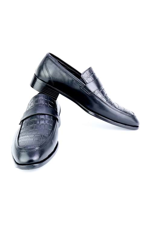 Fecri Hüner Hakiki Deri Bağcıksız Siyah Erkek Ayakkabı