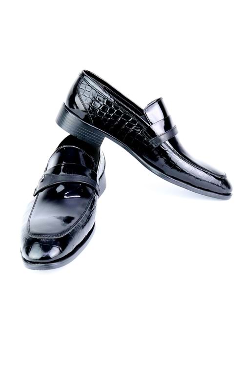 Fecri Hüner Hakiki Deri Bağcıksız Siyah Rugan Erkek Ayakkabı