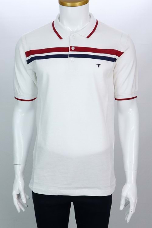 Reymo Beyaz Kırmızı-Laci Çizgili Polo Yaka Klasik Erkek T-Shirt