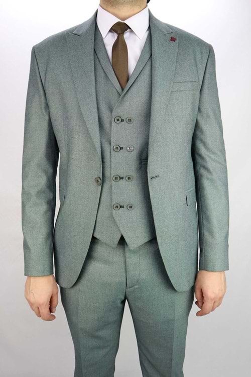 Zayfa Açık Yeşil Slim Fit Yelekli Erkek Takım Elbise