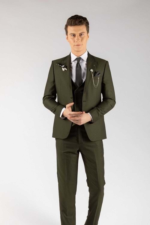 Zayfa Haki Yeşil Slim Fit Yelekli Erkek Takım Elbise