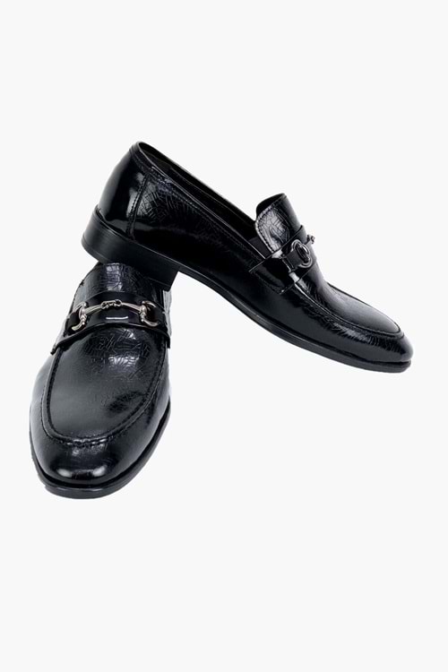 Fecri Hüner Hakiki Deri Siyah Rugan Bağcıksız Erkek Ayakkabı